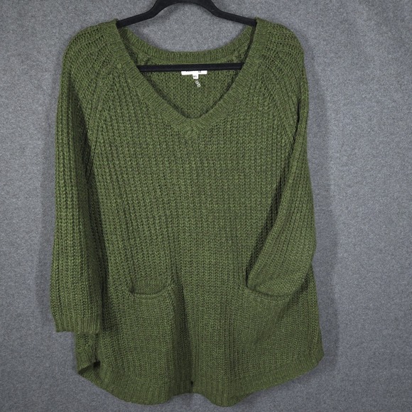 Miracle Sweaters - Miracle USA Women's Green Knit Sweater M/L Pullover V-Neck‎ Long Sleeve Pockets
